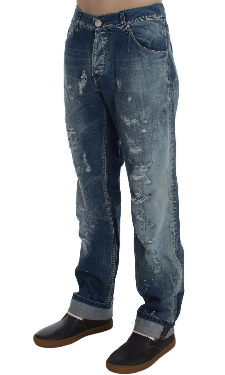 Blue Wash Torn Denim Cotton Regular Fit Jeans