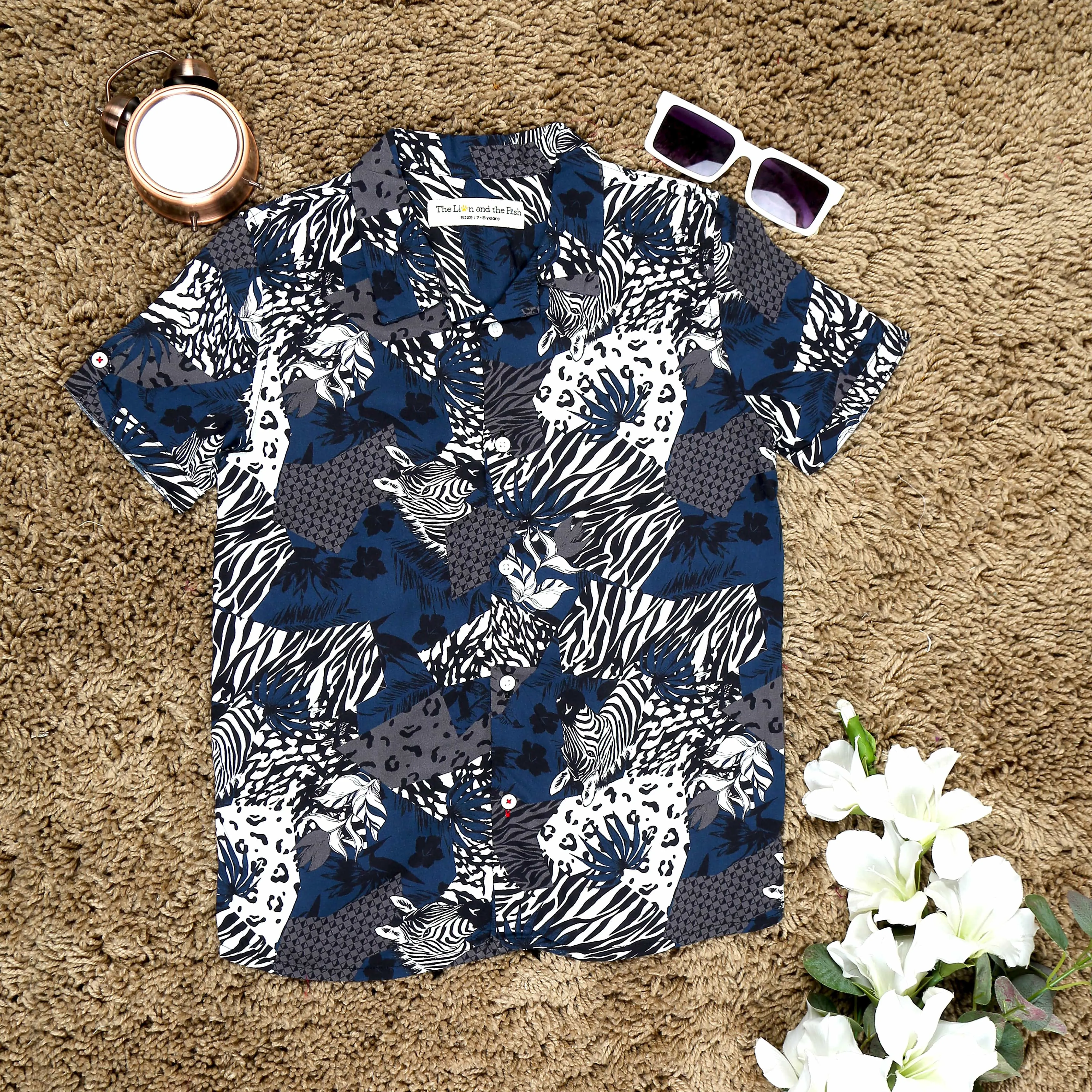 Boys Zebra Printed Shirt Grey Navy Blue