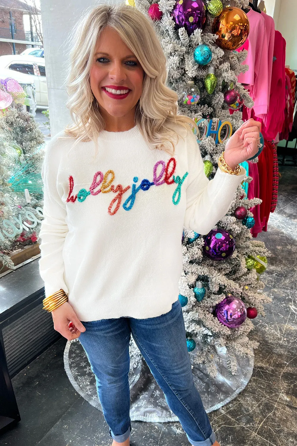 Bright White Holly Jolly Round Neck Casual Sweater