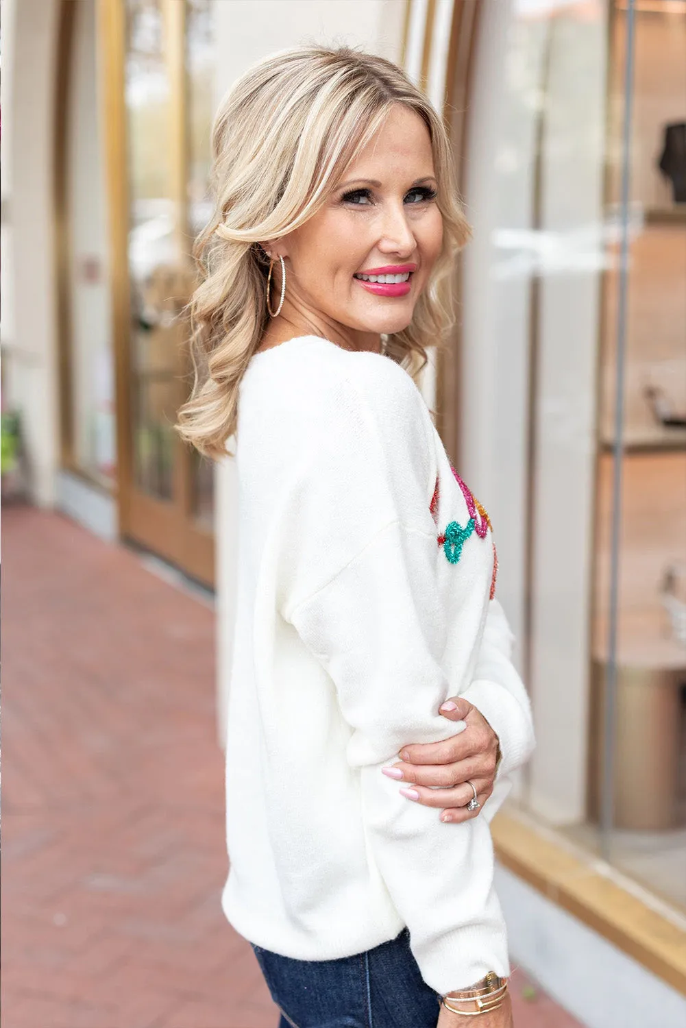 Bright White Holly Jolly Round Neck Casual Sweater