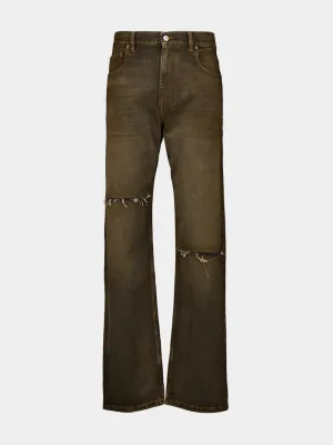 Brown Distressed 5-Pocket Cotton Jeans