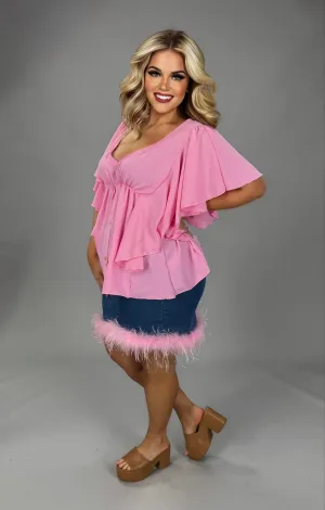 BT-P {Better In Pink} Dk. Stretch Denim Skirt w/Pink Feather Hem PLUS SIZE XL 2X 3X