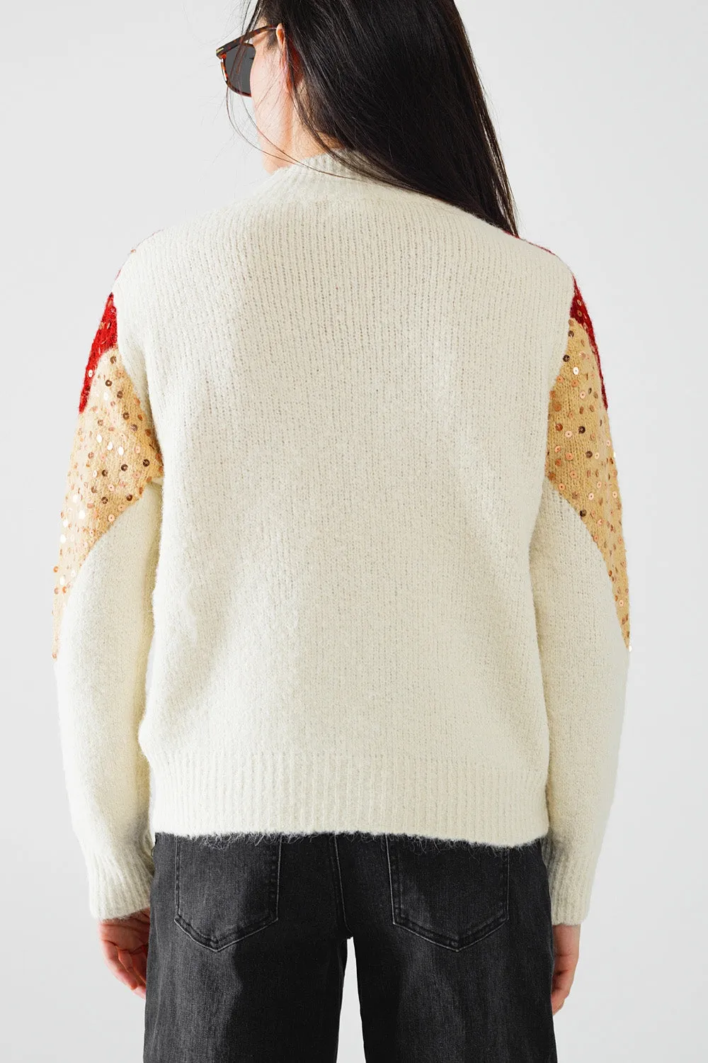 burgundy and beige color block knit sweater with sequin embellishment