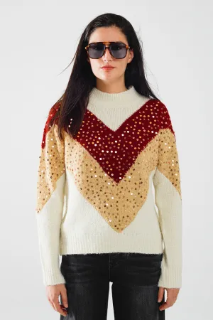 burgundy and beige color block knit sweater with sequin embellishment