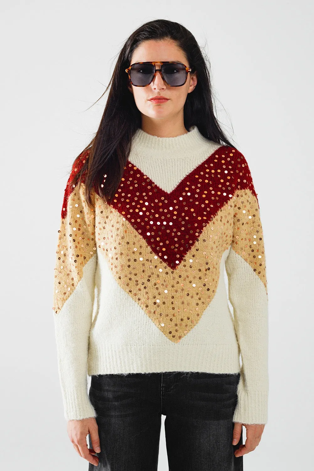 burgundy and beige color block knit sweater with sequin embellishment