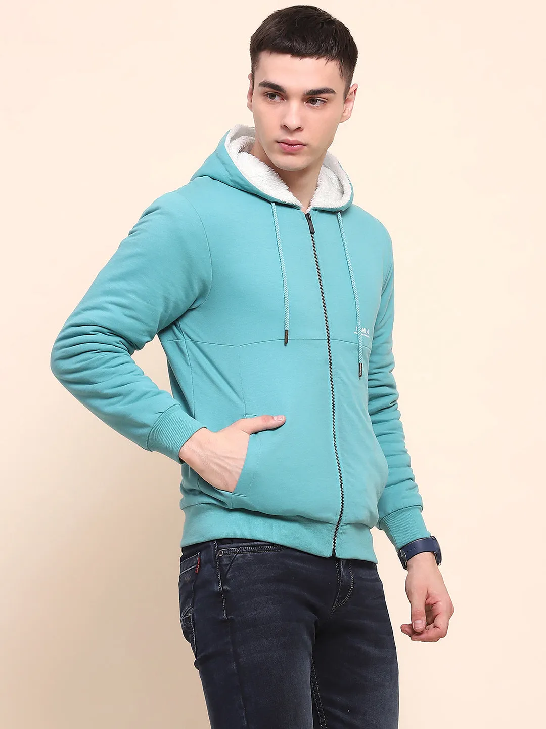 Camla Barcelona Cotton Zipper and Hooded Turquoise Sweatshirt