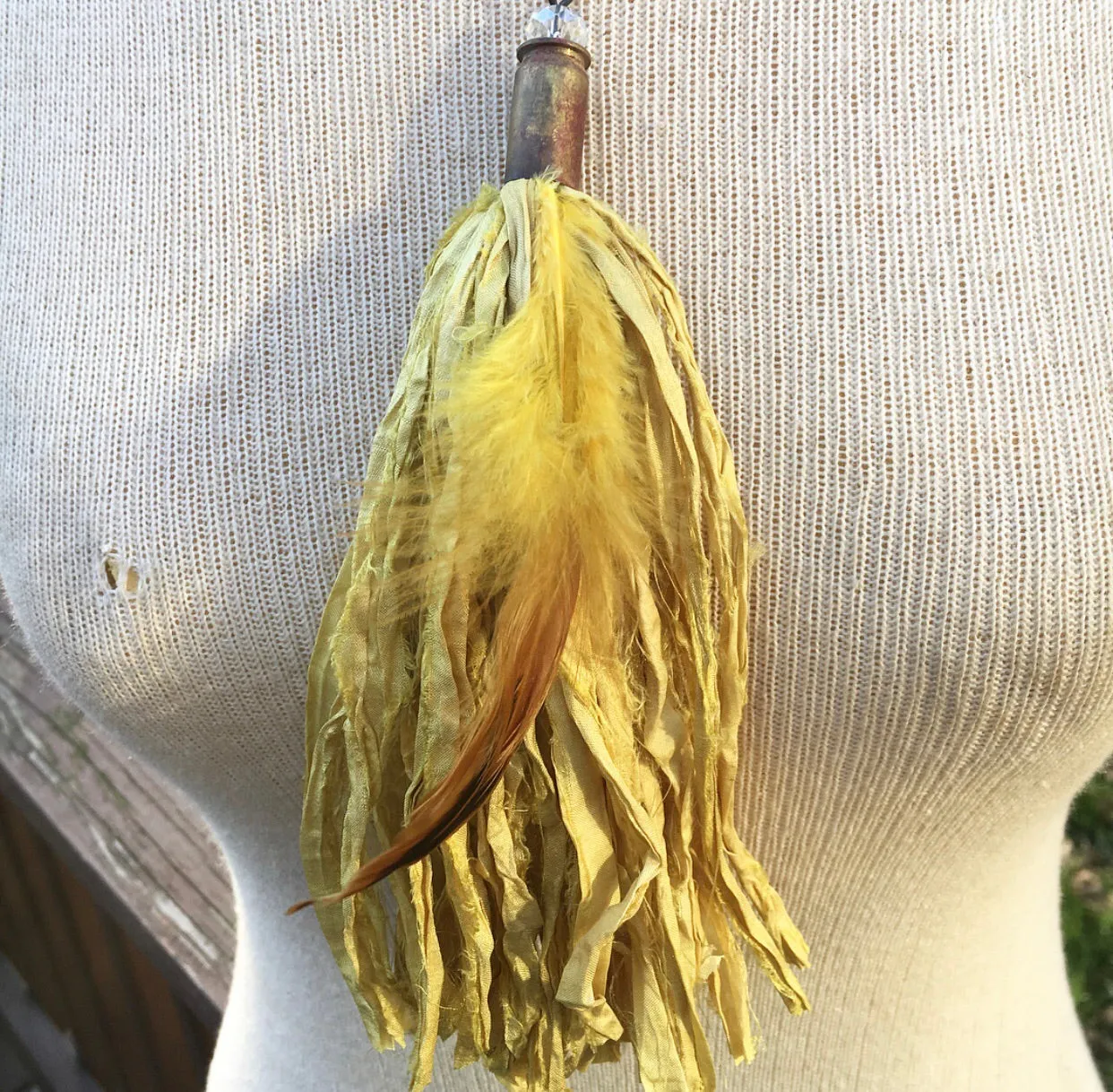 Canary Yellow Tassel Necklace with Feather