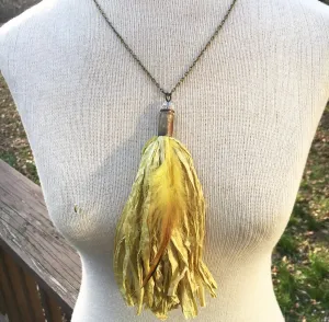 Canary Yellow Tassel Necklace with Feather