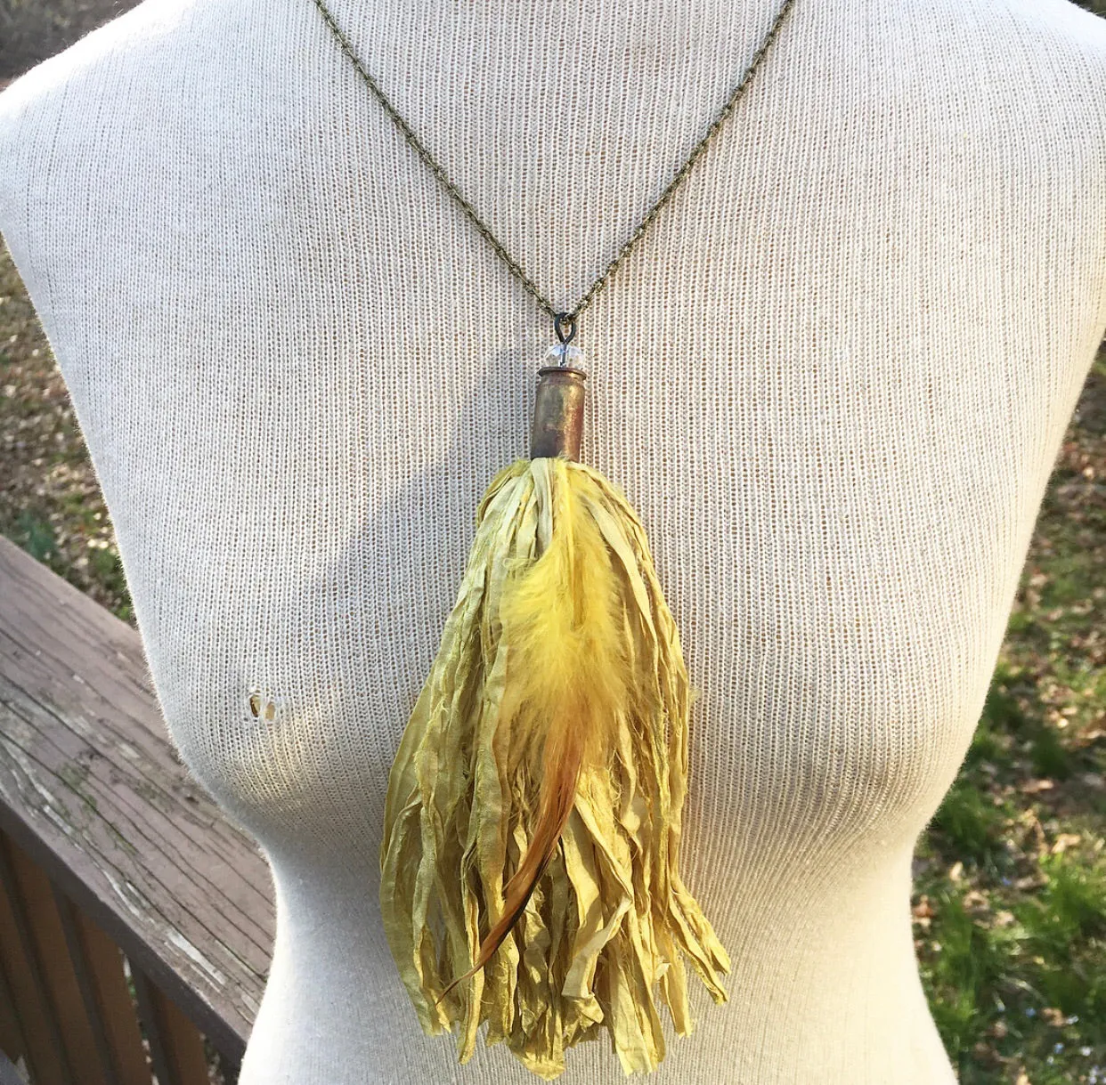 Canary Yellow Tassel Necklace with Feather