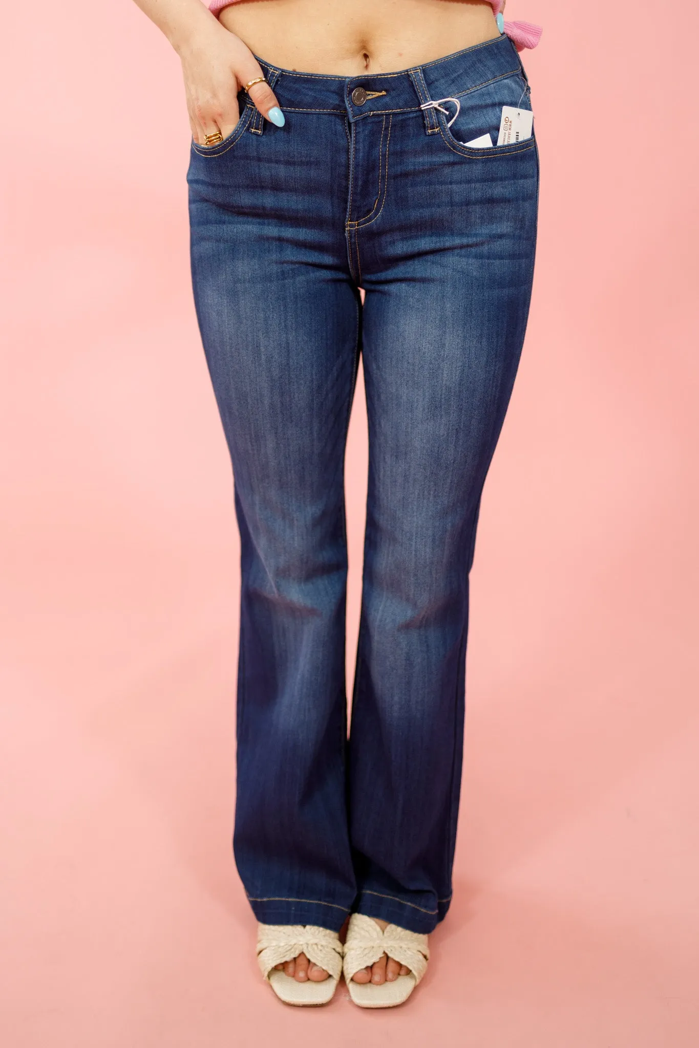 Cello Dark Wash Mid Rise Flare, PETITE