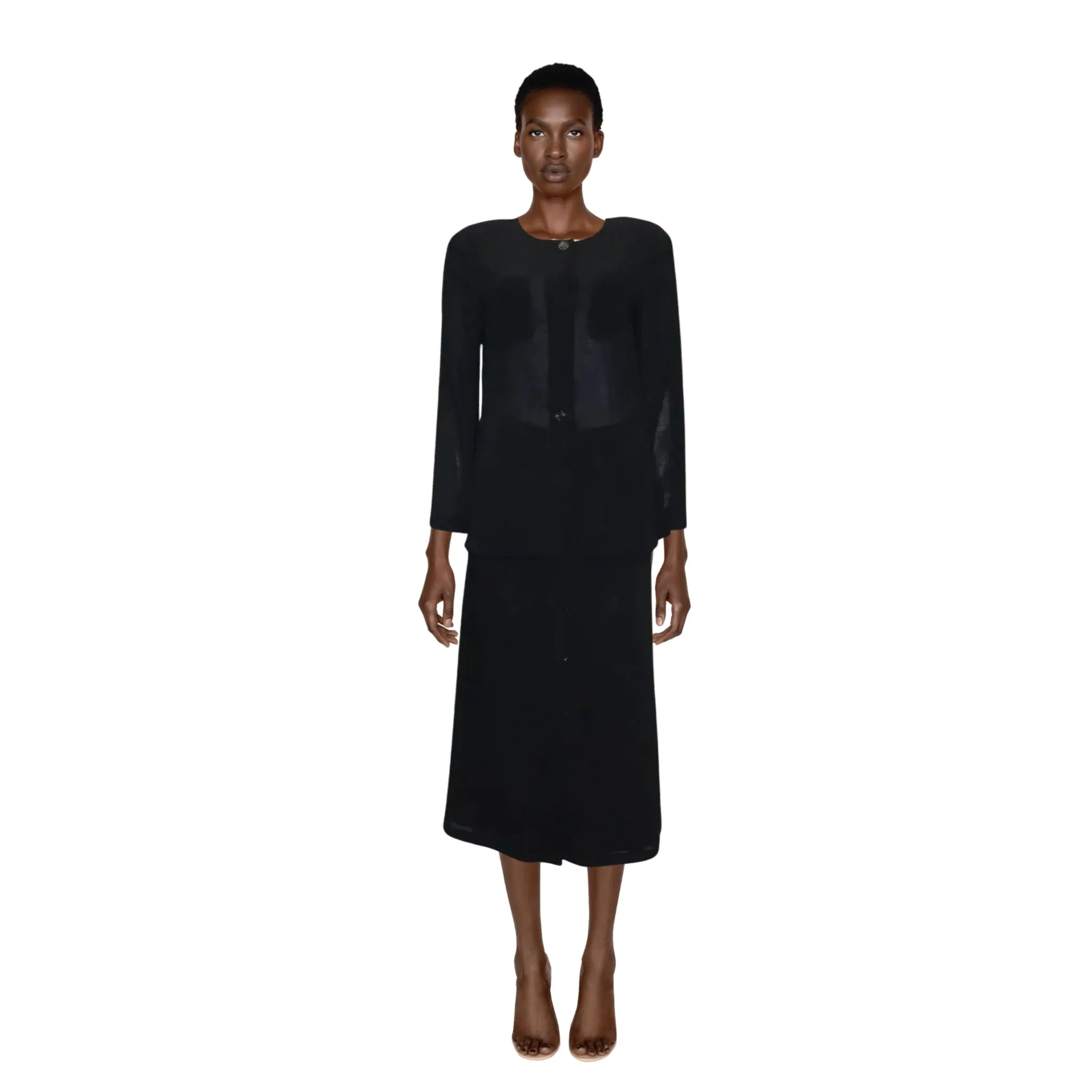 CHANEL Black Wool Jacket w/ 4 Pockets & Button Down Skirt 2PC Circa 1990s | Size 38/40