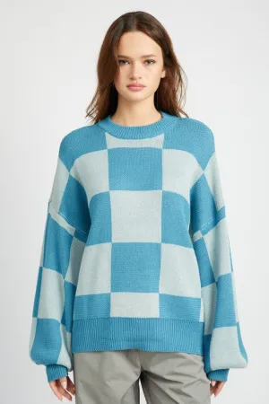 Checkered Sweater with Bubble Sleeves