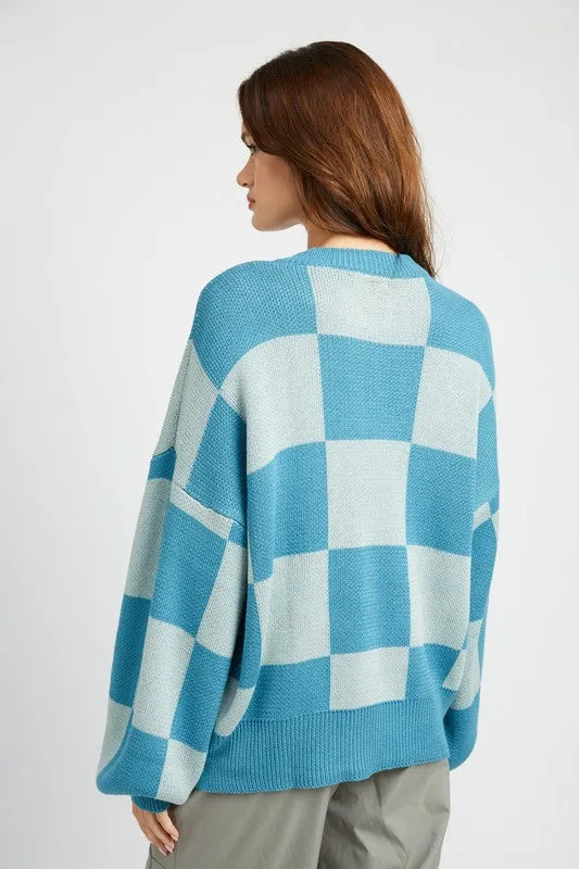 Checkered Sweater with Bubble Sleeves
