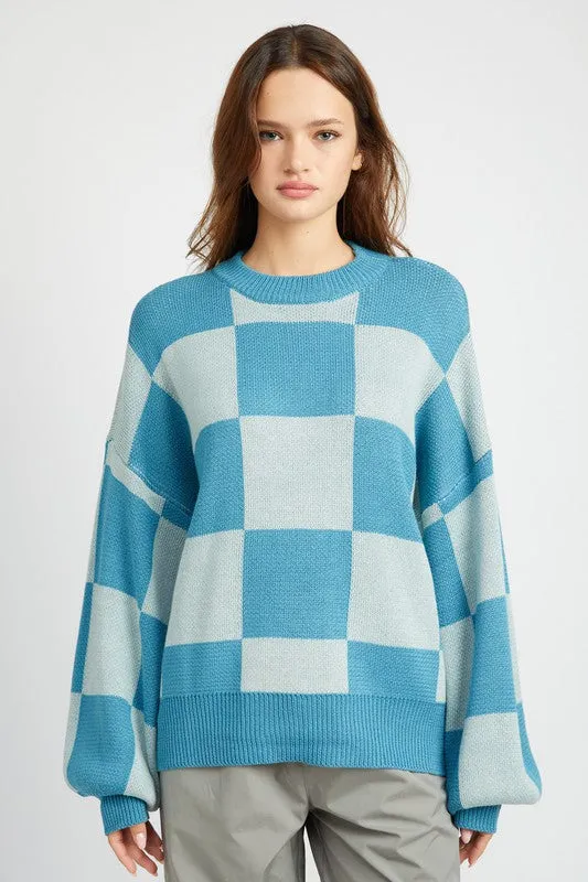 Checkered Sweater with Bubble Sleeves