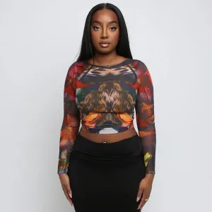 Chic  Fall Vintage Print Round Neck Long Sleeve Crop Top for Effortless Style