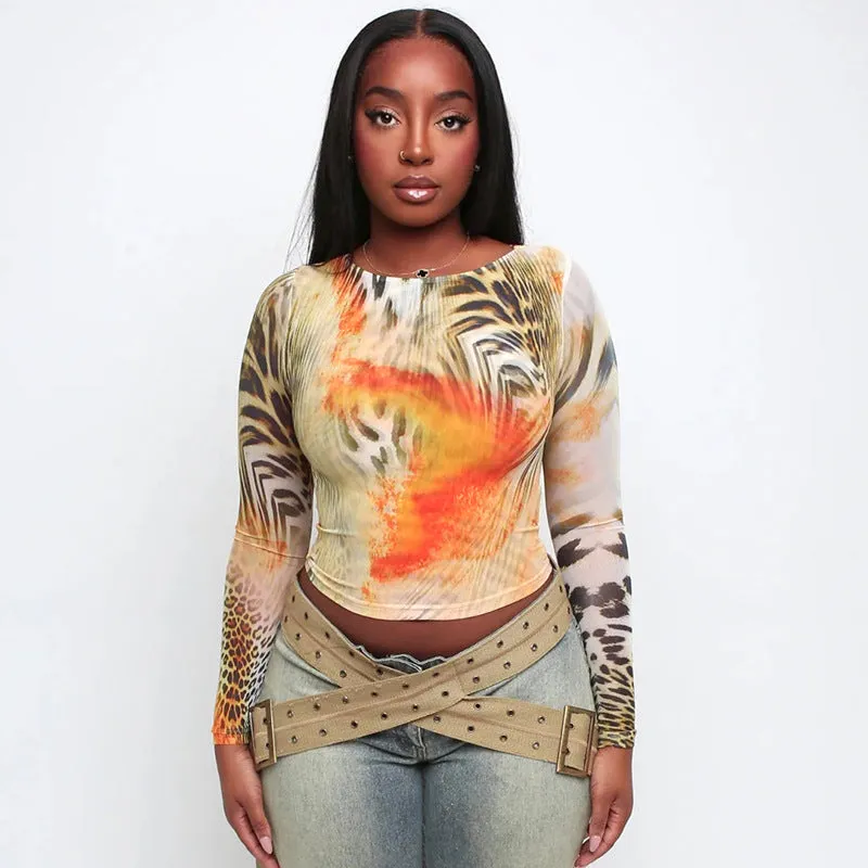 Chic  Fall Vintage Print Round Neck Long Sleeve Crop Top for Effortless Style
