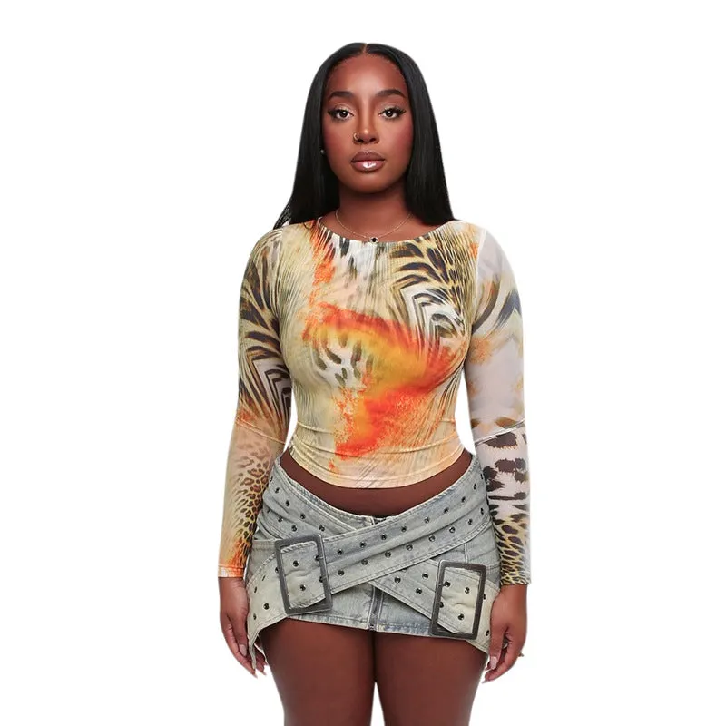 Chic  Fall Vintage Print Round Neck Long Sleeve Crop Top for Effortless Style