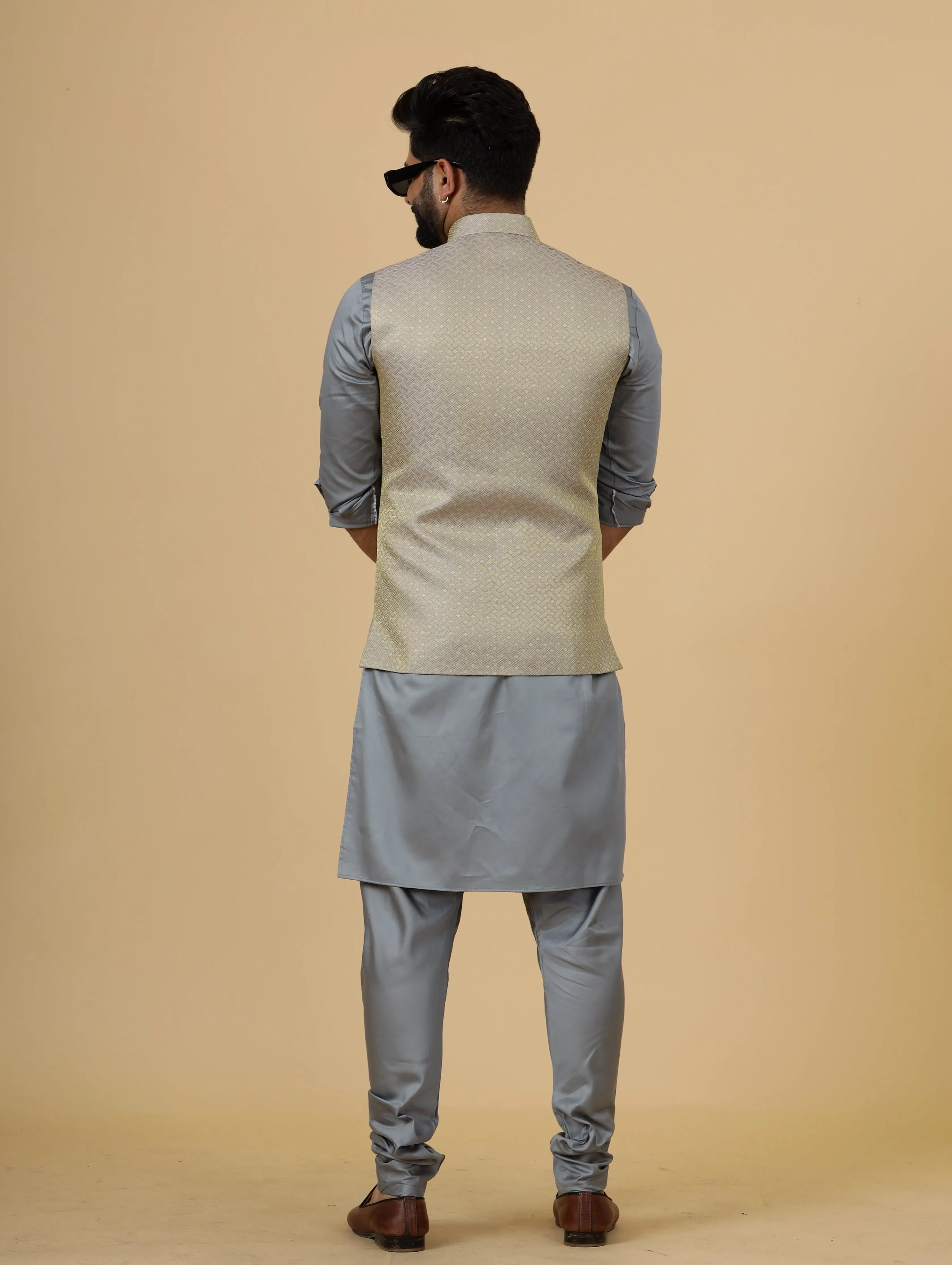 Classic Golden-Grey Brocade Silk Half Jodhpuri Jacket with Slate Grey Kurta-Pajama for Men
