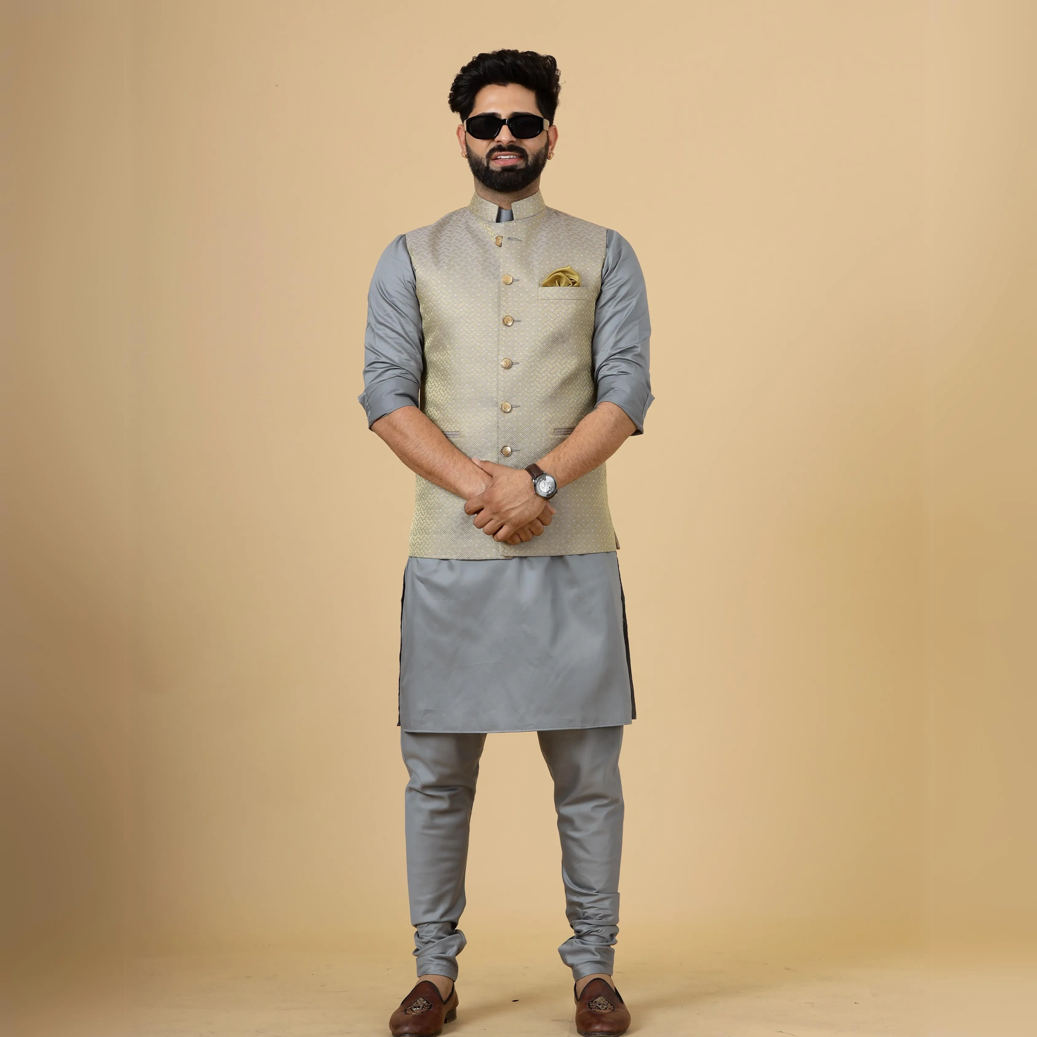 Classic Golden-Grey Brocade Silk Half Jodhpuri Jacket with Slate Grey Kurta-Pajama for Men