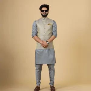 Classic Golden-Grey Brocade Silk Half Jodhpuri Jacket with Slate Grey Kurta-Pajama for Men