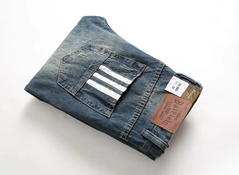 Célèbre Marque Fashion Designer Jeans Hommes coupe Droite Bleu Foncé Couleur Imprimé Hommes Jeans Déchiré Jeans, 100% Coton