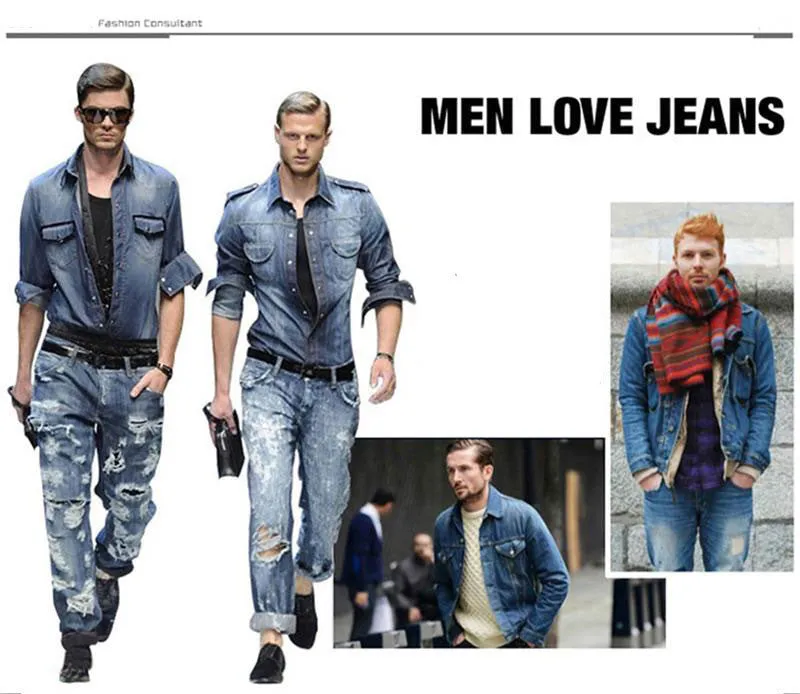 Célèbre Marque Fashion Designer Jeans Hommes coupe Droite Bleu Foncé Couleur Imprimé Hommes Jeans Déchiré Jeans, 100% Coton