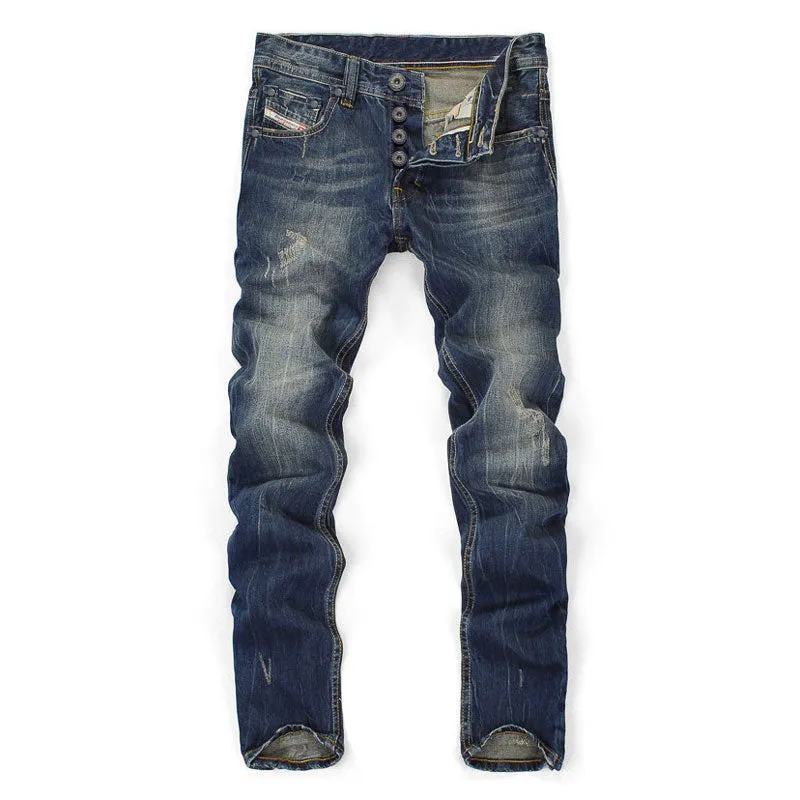 Célèbre Marque Fashion Designer Jeans Hommes coupe Droite Bleu Foncé Couleur Imprimé Hommes Jeans Déchiré Jeans, 100% Coton
