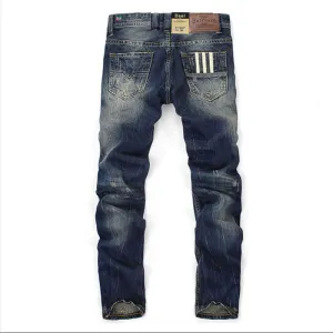 Célèbre Marque Fashion Designer Jeans Hommes coupe Droite Bleu Foncé Couleur Imprimé Hommes Jeans Déchiré Jeans, 100% Coton