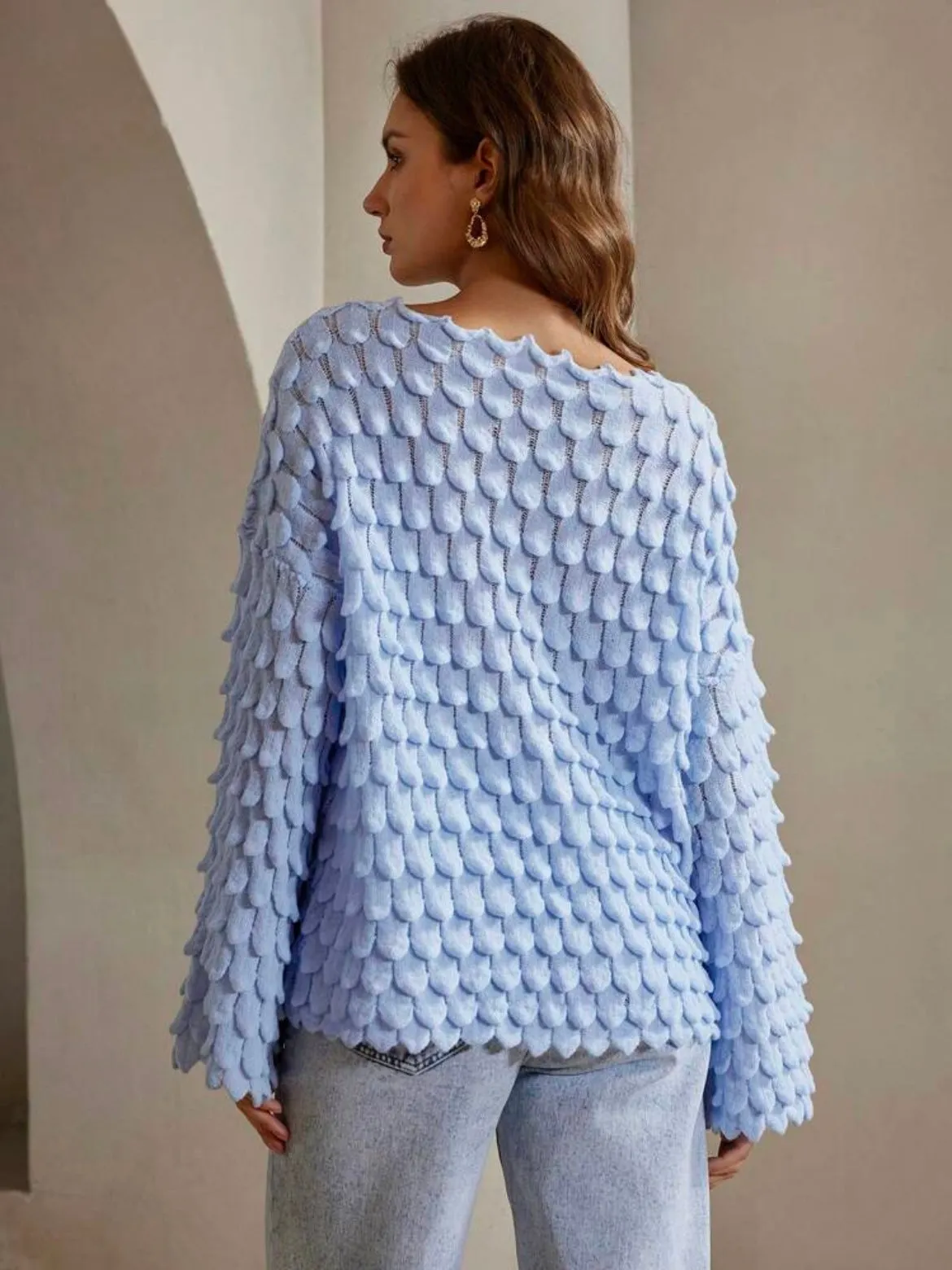 CM-CS494011 Women Casual Seoul Style Solid Color Textured Drop Shoulder Loose Knit Sweater