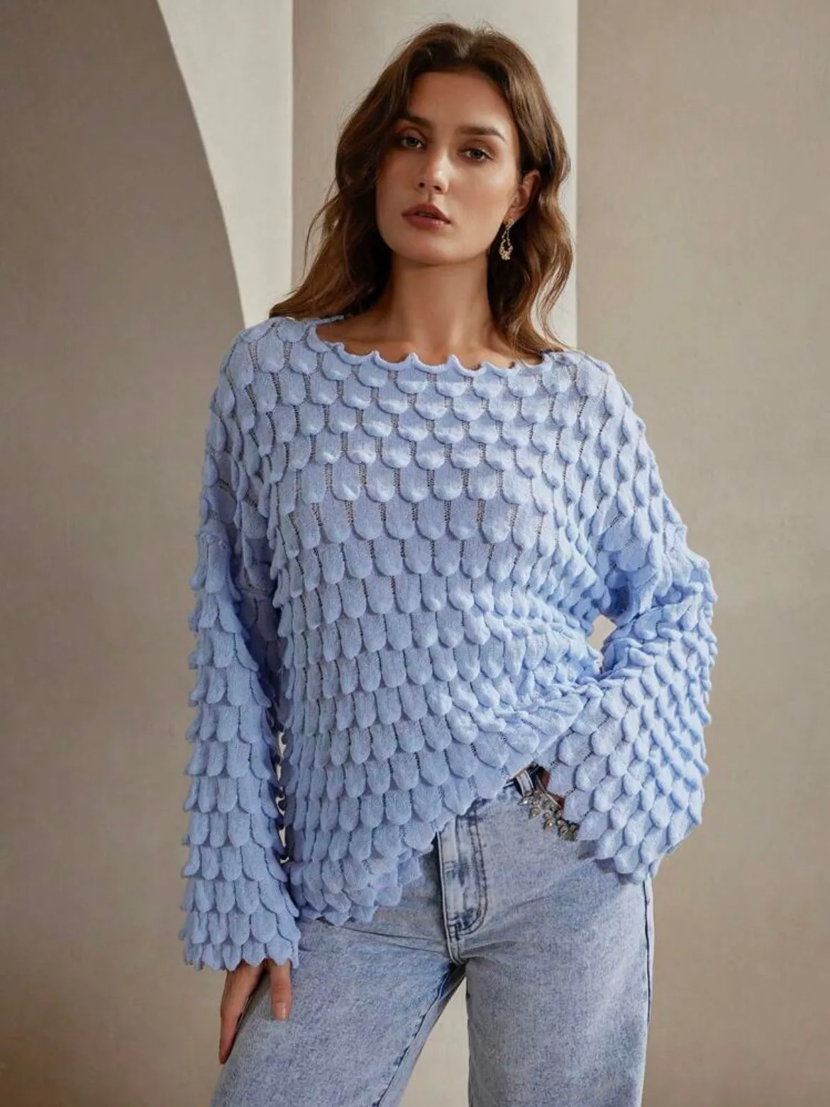 CM-CS494011 Women Casual Seoul Style Solid Color Textured Drop Shoulder Loose Knit Sweater
