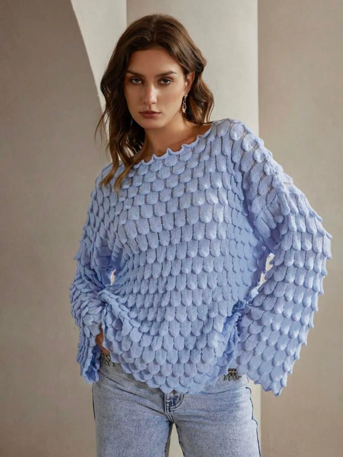 CM-CS494011 Women Casual Seoul Style Solid Color Textured Drop Shoulder Loose Knit Sweater