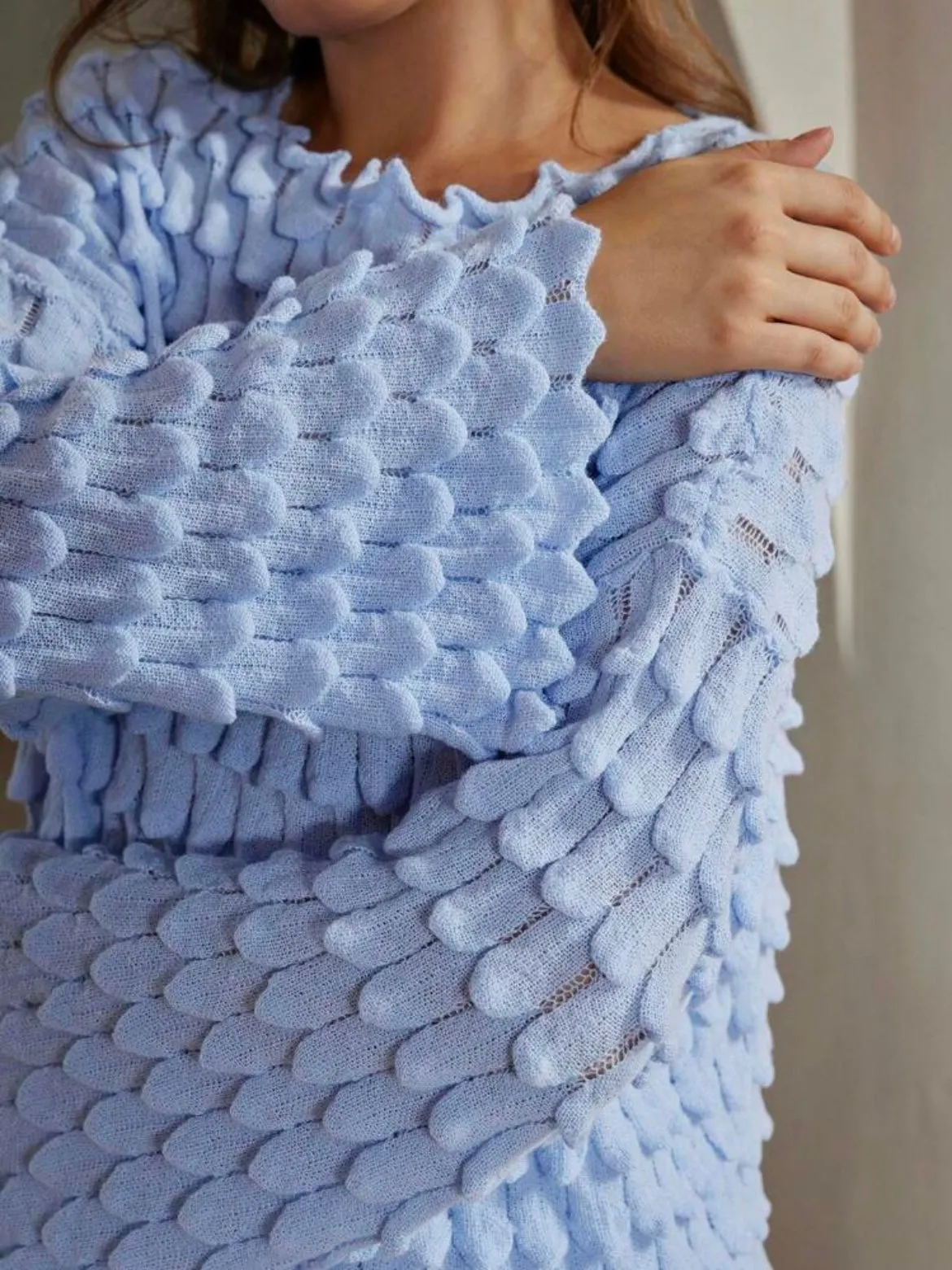 CM-CS494011 Women Casual Seoul Style Solid Color Textured Drop Shoulder Loose Knit Sweater