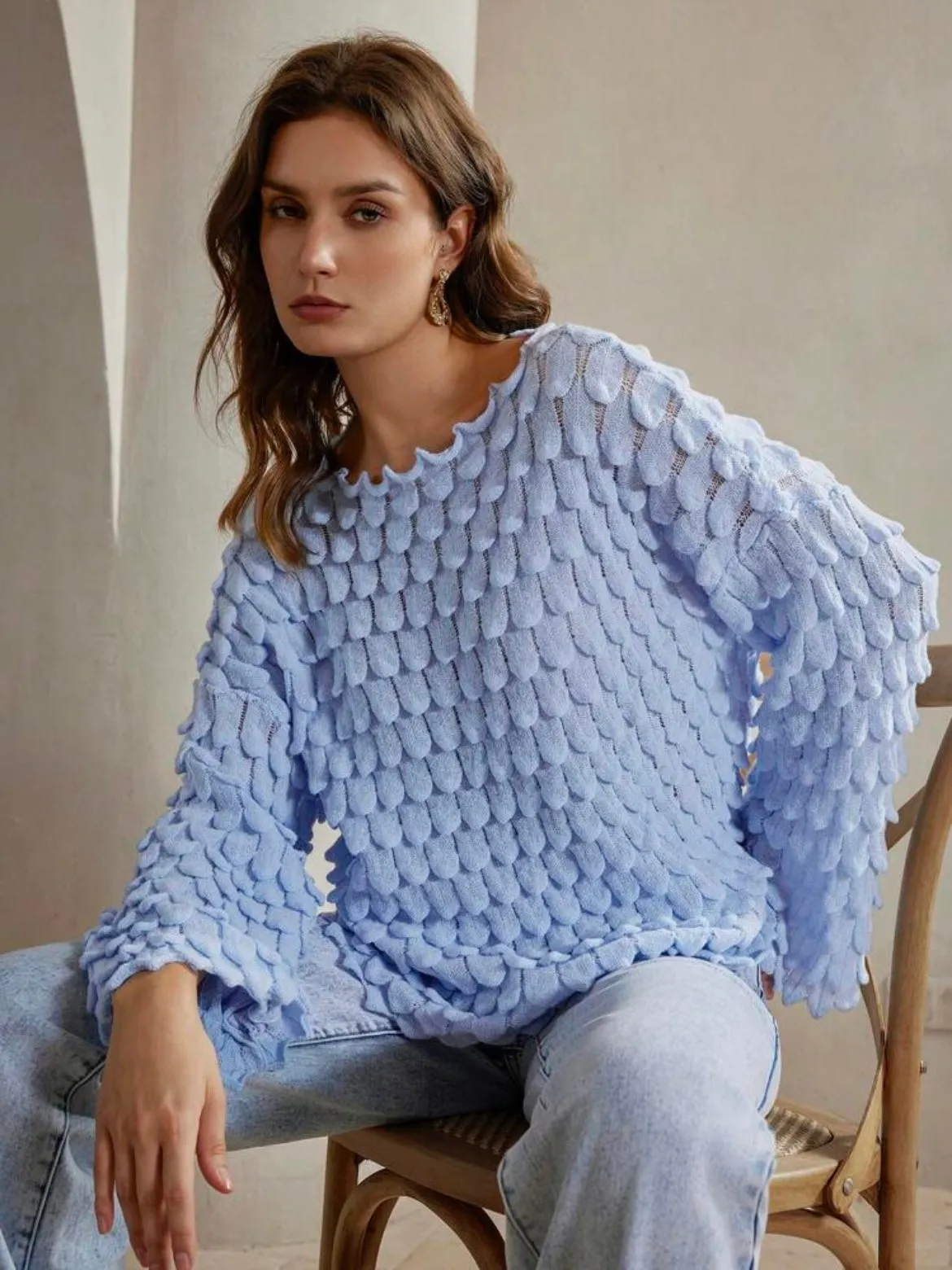CM-CS494011 Women Casual Seoul Style Solid Color Textured Drop Shoulder Loose Knit Sweater