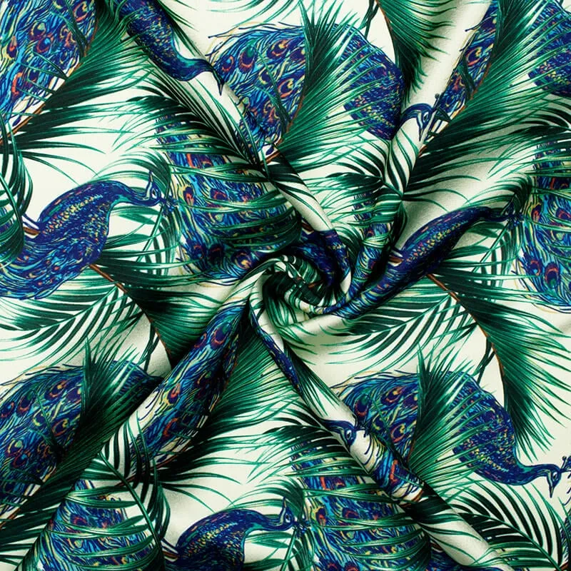 Cream And Navy Blue Peacock Pattern Digital Print Japan Satin Fabric