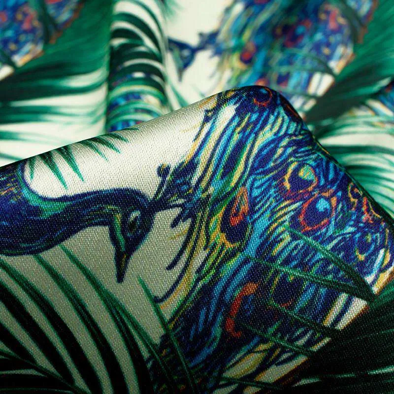 Cream And Navy Blue Peacock Pattern Digital Print Japan Satin Fabric