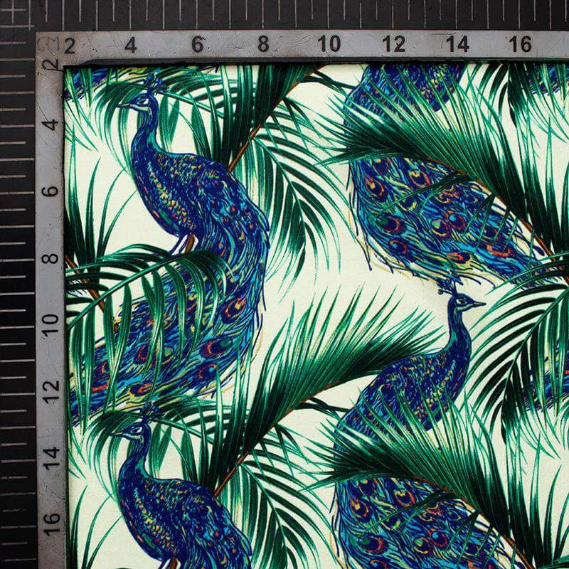 Cream And Navy Blue Peacock Pattern Digital Print Japan Satin Fabric