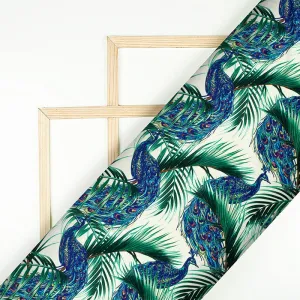 Cream And Navy Blue Peacock Pattern Digital Print Japan Satin Fabric
