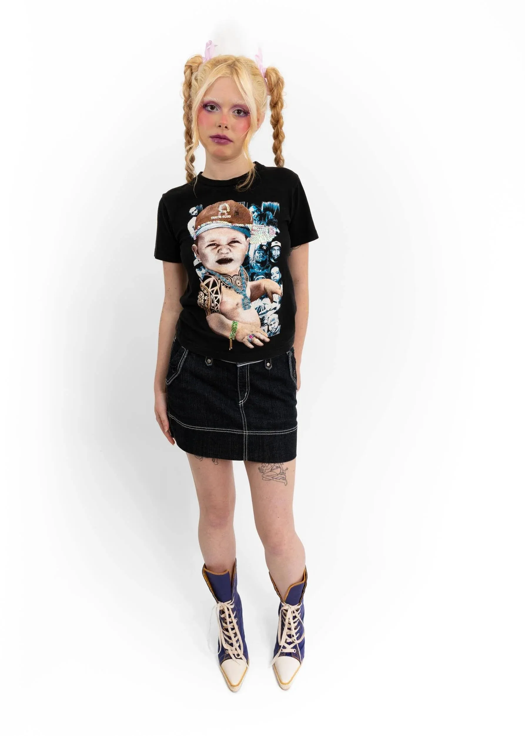 Crocodile embroidered denim mini skirt