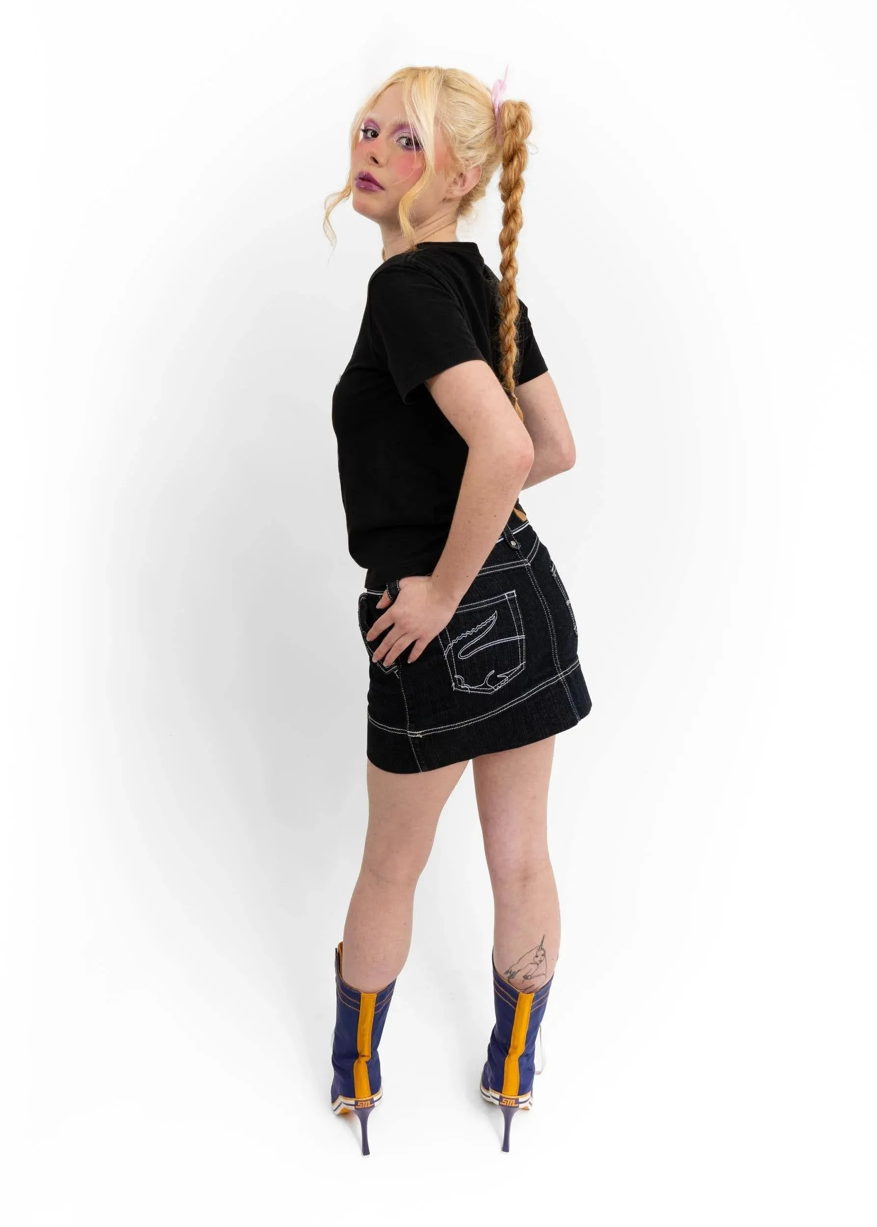 Crocodile embroidered denim mini skirt