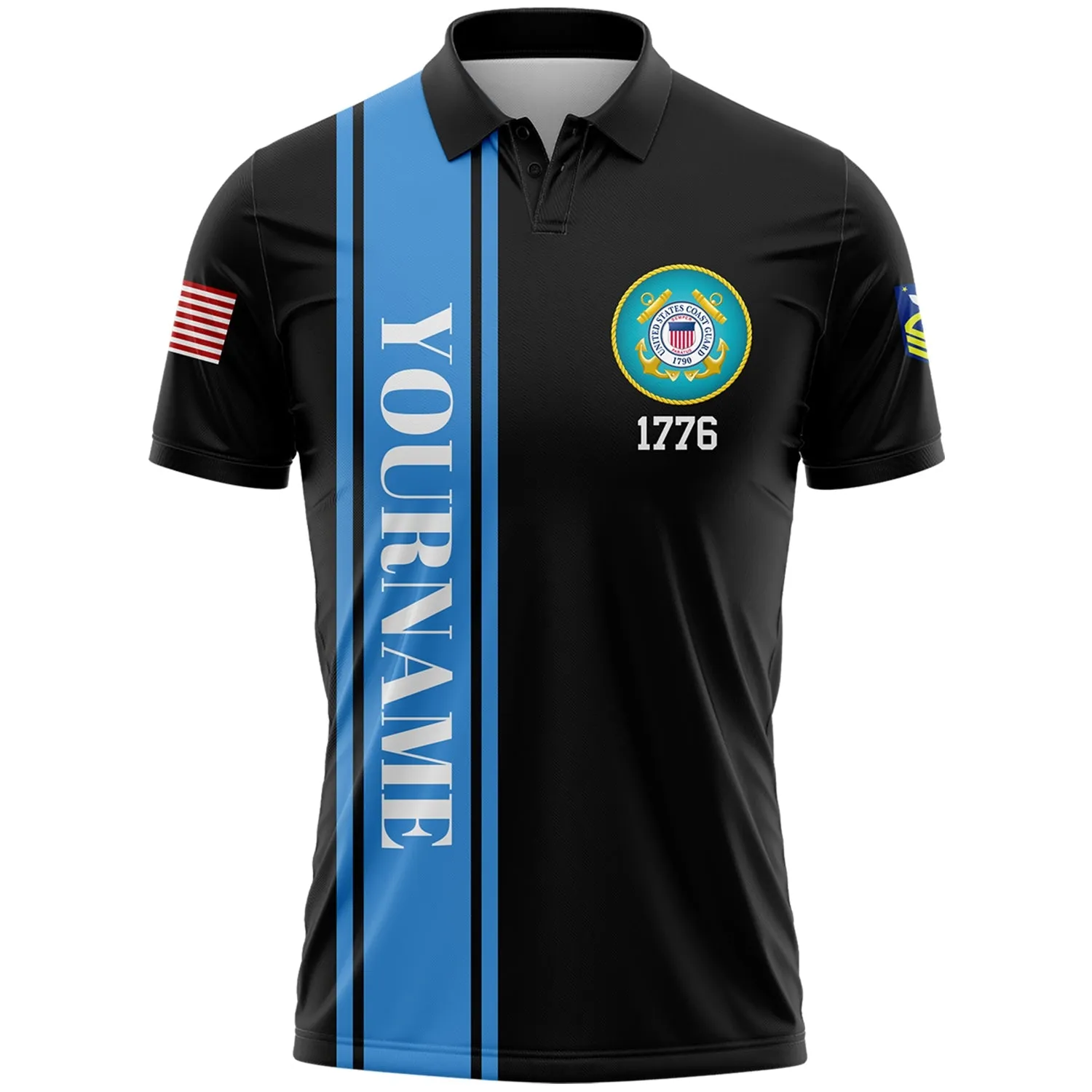 Custom Black 1776 Flag U.S Coast Guard Military Rank Name Veterans Day Golf Polo Shirt | Father's Day Gifts