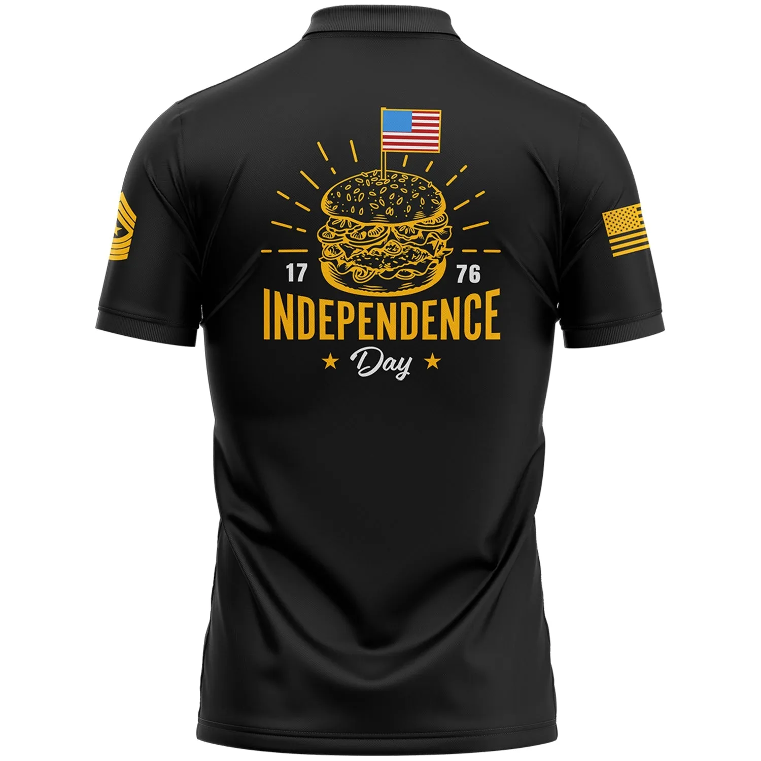 Custom Black Hamburger American Flag Military Rank Name Independence Day Golf Polo Shirt