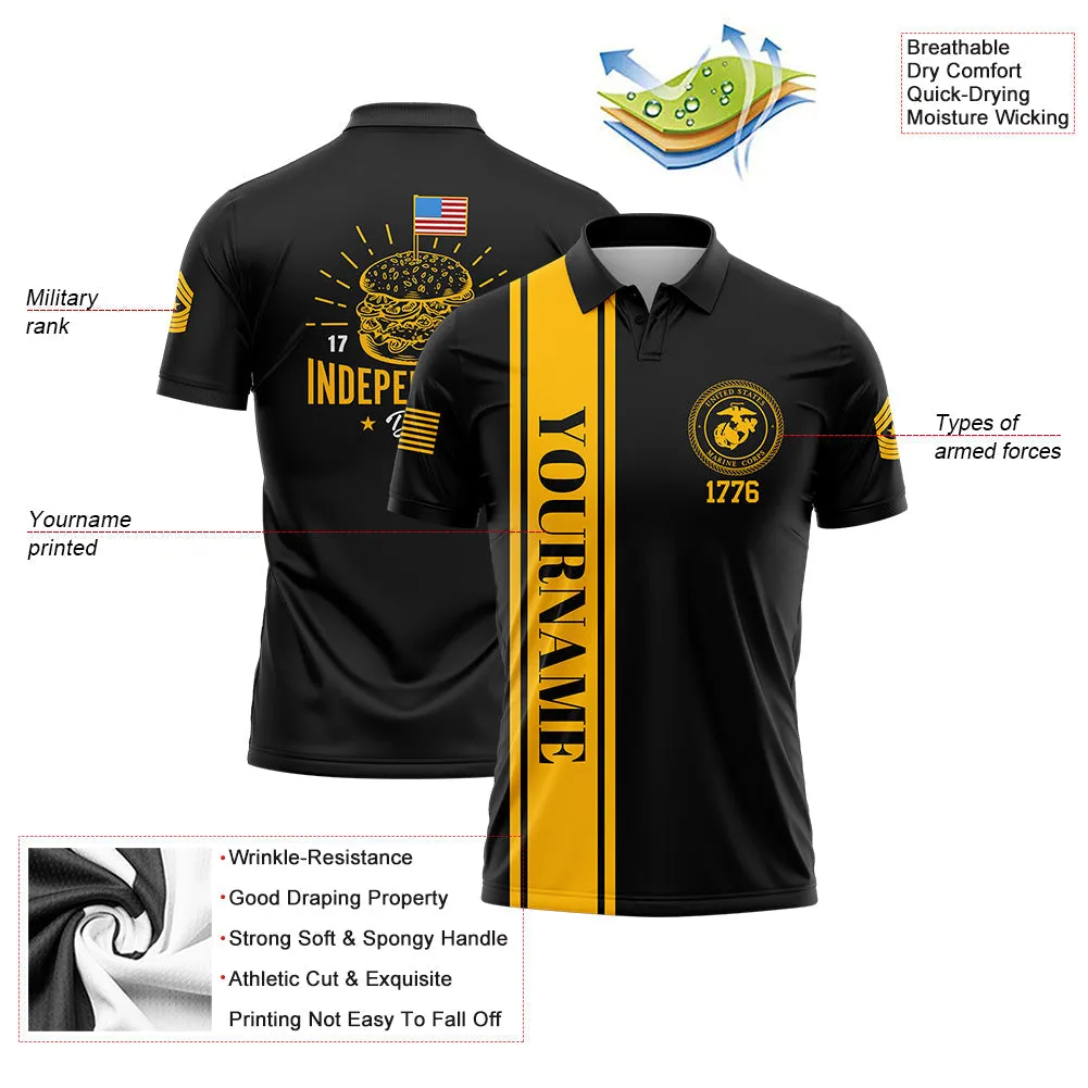Custom Black Hamburger American Flag Military Rank Name Independence Day Golf Polo Shirt