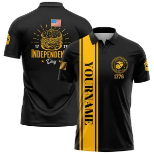 Custom Black Hamburger American Flag Military Rank Name Independence Day Golf Polo Shirt
