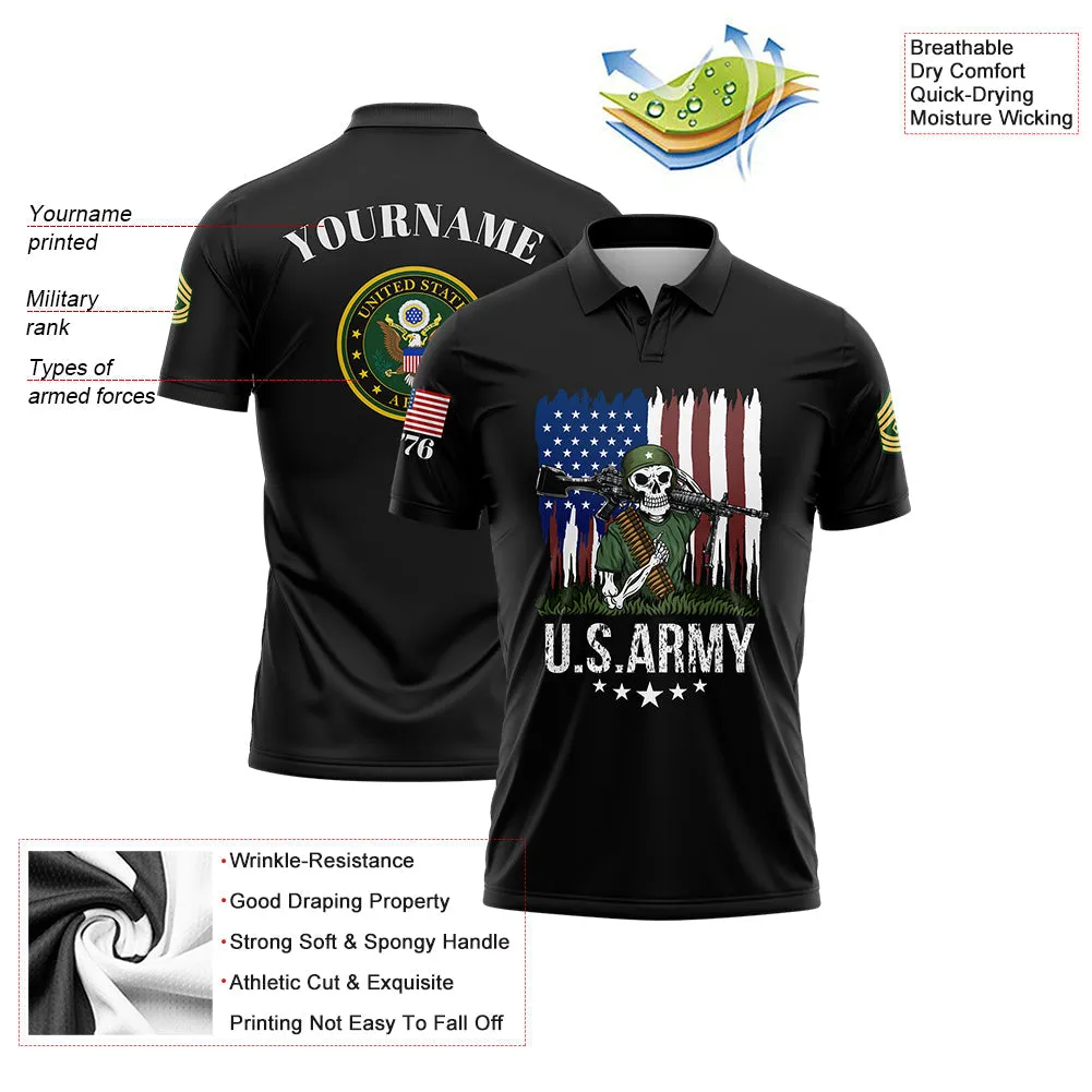 Custom Black Skull Soldier 1776 American Flag U.S Army Military Rank Name Golf Polo Shirt