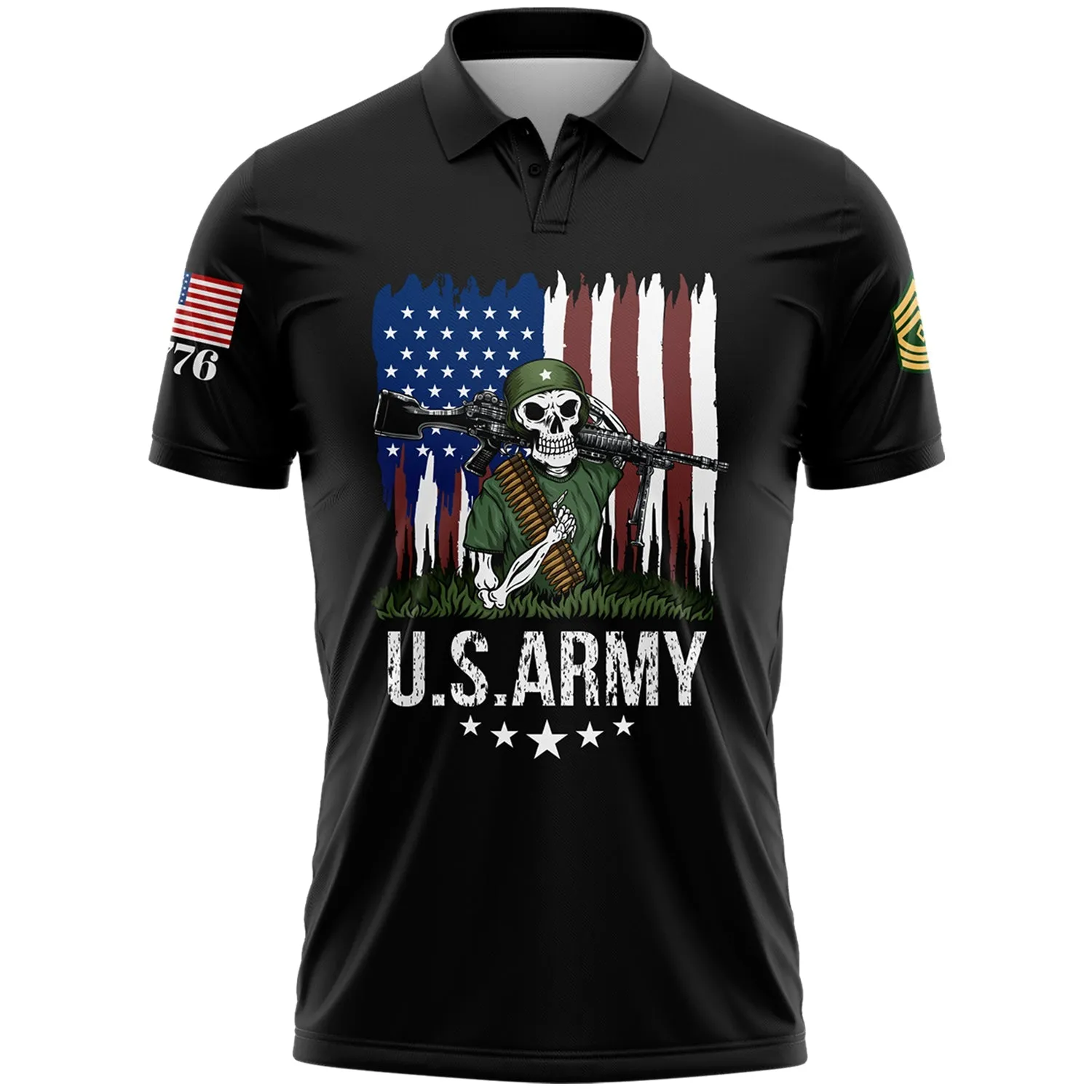 Custom Black Skull Soldier 1776 American Flag U.S Army Military Rank Name Golf Polo Shirt