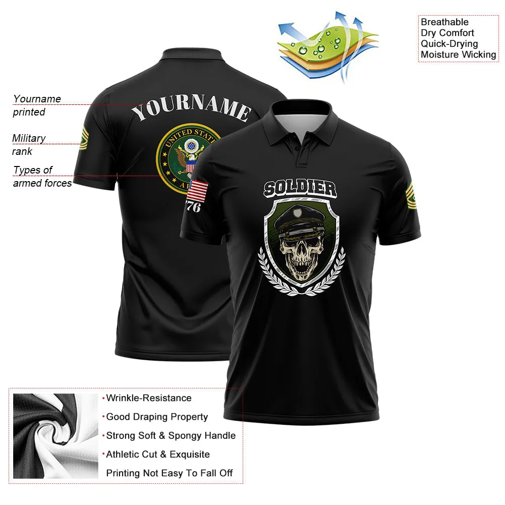 Custom Black Skull Soldier 1776 U.S Army Military Rank Name Golf Polo Shirt