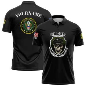 Custom Black Skull Soldier 1776 U.S Army Military Rank Name Golf Polo Shirt