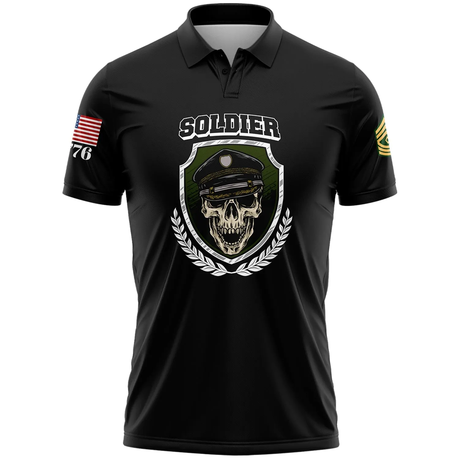 Custom Black Skull Soldier 1776 U.S Army Military Rank Name Golf Polo Shirt