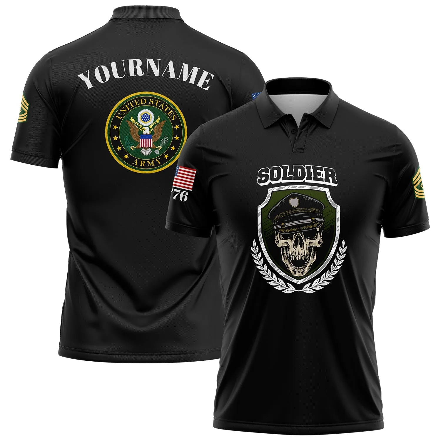 Custom Black Skull Soldier 1776 U.S Army Military Rank Name Golf Polo Shirt