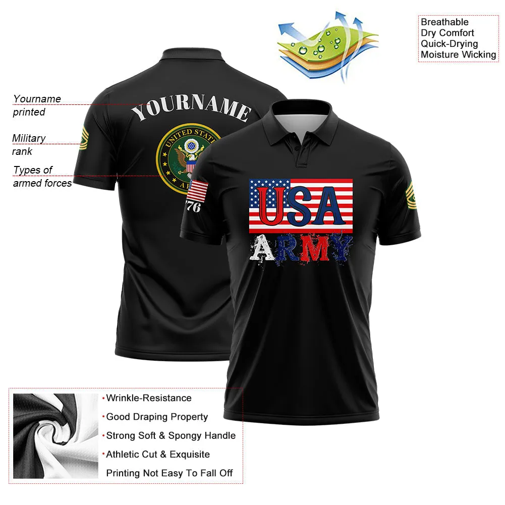 Custom Black USA 1776 American Flag U.S Army Military Rank Name Golf Polo Shirt